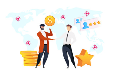 Poster - Sales intelligence flat concept vector illustration. Smiling men shake hands 2D cartoon characters for web design. Partnership. World map. High rating. Profit grows. Customer service creative idea