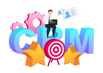 Poster - Improving information flat concept vector illustration. Smiling man sitting on word collection 2D cartoon character for web design. Arrow in target and stars. Cogwheels. CRM system creative idea