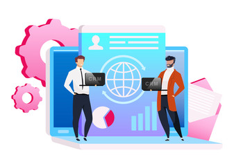 Poster - Team effectiveness flat concept vector illustration. Smiling employees with laptops 2D cartoon characters for web design. CRM system. Collaboration and teamwork. Partnership creative idea