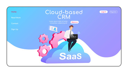 Wall Mural - Cloud based CRM landing page flat color vector template. Man sitting on cumulus homepage layout. SaaS one page website interface with cartoon character. Computer software web banner, webpage