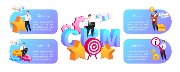 Poster - CRM flat color vector informational infographic template. Quality and service. Poster, booklet, PPT page concept design with cartoon characters. Support. Advertising flyer, leaflet, info banner idea