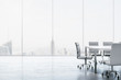 Furnished white conference room with table, chairs and large window overlooking the city. 3D Rendering