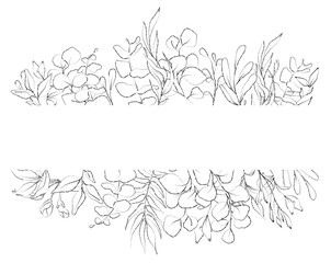 Botanical sketched floral frame. Line art hand drawn plants.