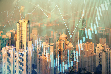 Forex chart on cityscape with skyscrapers wallpaper double exposure. Financial research concept.