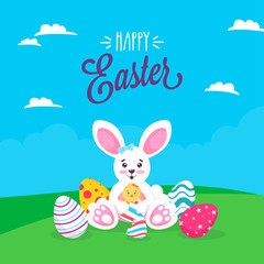 Sticker - Cute Bunny holding Chick Bird with Printed Eggs on Blue and Green Background for Happy Easter Celebration Concept.