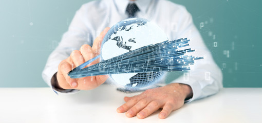 Poster - Businessman holding an Optical fiber connection - 3d rendering