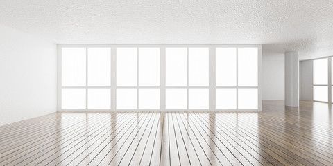 Poster - Big white bright loft room architecture render 3d illustration with shiny wooden floor and white textured walls day light high key lighting