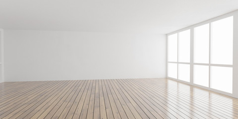 Poster - Big white bright loft room architecture render 3d illustration with shiny wooden floor and white textured walls day light high key lighting
