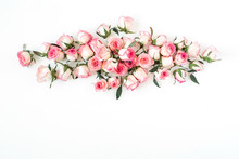 Floral Composition With Pink Rose Flower Buds On White Background. Flat Lay, Top View.
