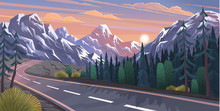 Landscape With Curvy Road And Mountain Range. Travel Or Trip Through Scenery Of Rural Or Countryside Surroundings. Adventures Road Trip And Wanderlust. Summer Forest By Highway In Evening On Sunset