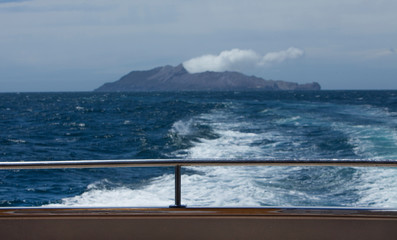 At the boat to Whakaari / White Island New Zealand active volcano. Moonscape.  Andesite stratovolcano Sulphur mining