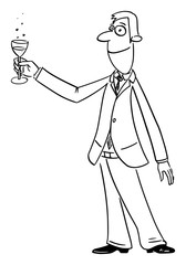 Poster - Vector funny comic cartoon drawing of successful businessman or man raising glass of champagne or wine to celebrate success.