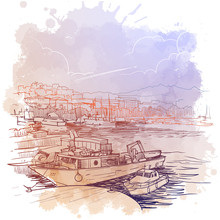 Panorama Of The Marina With Fishing Boats. La Spezia, Liguria, Italy. Vintage Design. Linear Sketch On A Watercolor Textured Background. EPS10 Vector