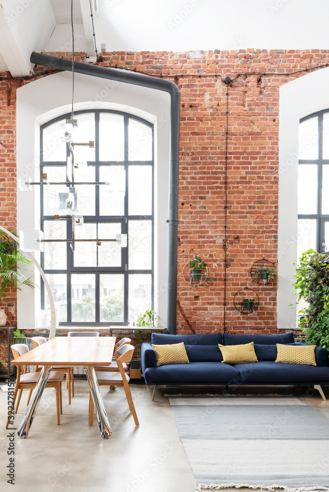 Loft apartment with big window in industrial style. Living room ... - Loft Apartment Industrial Chic Window Seat Inspiration