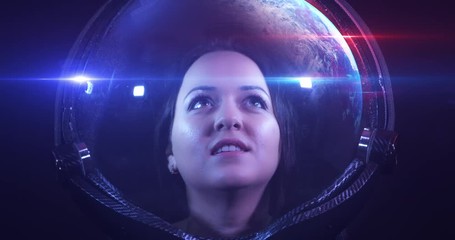 Wall Mural - portrait 4k shot of the young smiling female astronaut in space helmet. she is exploring outer space