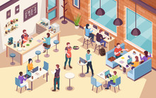 Interior View On People Working And Having Lunch At Cafe Or Cafeteria, Work Or Job Coffee Meeting. Isometric View Of Dining Room For Office Coworkers. Businessman And Businesswoman Workplace