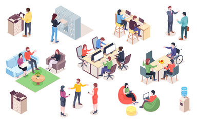 Poster - Set of vector office elements with people. Isometric coworking or open space elements for infographic or business icon for meeting. Man and woman work at workplace, reception. Interior design