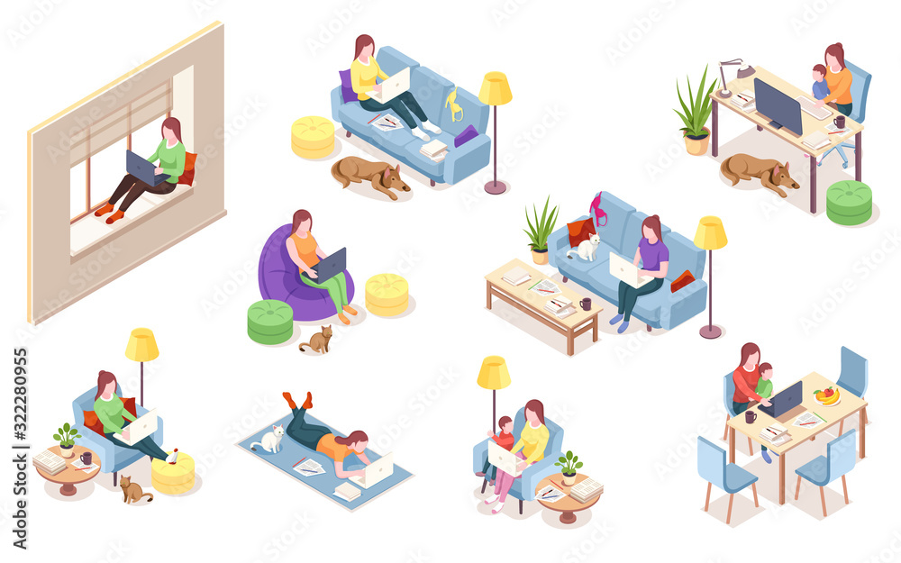 Set of isolated vector woman at workplace. Girl with notebook sitting in chair bag, windowsill, sofa desk with computer, lying on floor. Freelancer working with dog, cat, pet.Isometric office employee - obrazy, fototapety, plakaty 