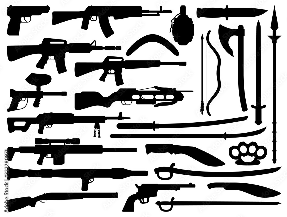 Weapon black vector silhouettes with guns, grenade and knives, firearms ...