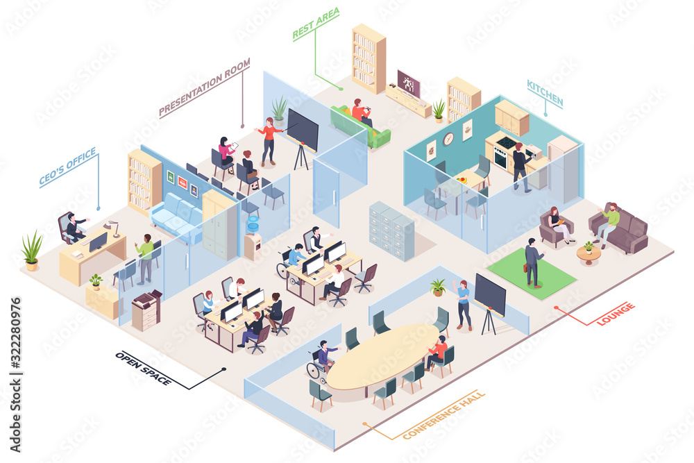 Isometric office design with CEO, presentation room and open space, rest area and kitchen, lounge and conference hall. Cubicle vector coworking space for work or job. Business center plan - obrazy, fototapety, plakaty 