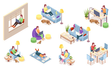 Aufkleber - Set of isolated vector woman at workplace. Girl with notebook sitting in chair bag, windowsill, sofa desk with computer, lying on floor. Freelancer working with dog, cat, pet.Isometric office employee