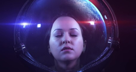 Wall Mural - young fearless beautiful female astronaut exploring the infinite space. she is exploring outer space