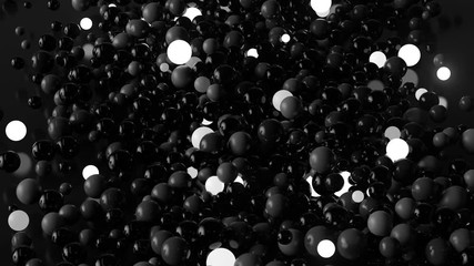 Poster - Reflective and bright glow spheres drop and mix with each other. 3d abstract render. Monochrome. Dynamic interaction.