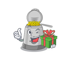 Poster - Happy deep fryer character having a gift box