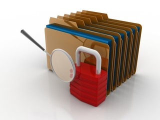 Poster - Yellow folder and lock. Data security concept. 3D rendering