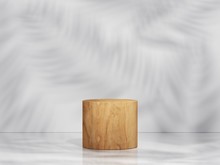 Yellow Wood Podium In White Clean Space With Shadow Of Leaves. Product Presentation Background. 3d Rendering - Illustration.