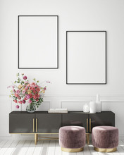 Mock Up Poster Frame In Modern Interior Background, Living Room, Scandinavian Style, 3D Render, 3D Illustration
