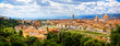 Panoramic view, aerial skyline of Florence Firenze on blue backdrop. Famous european travel destination. Beautiful architecture renaissance church. Summer landscape banner. Florence, Tuscany, Italy