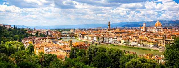 Wall Mural - Panoramic view, aerial skyline of Florence Firenze on blue backdrop. Famous european travel destination. Beautiful architecture renaissance church. Summer landscape banner. Florence, Tuscany, Italy