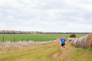 Wall Mural - Boy walking beside long row round hay bales