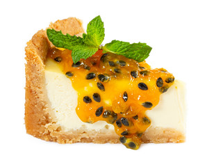 Wall Mural - Cheesecake with passion fruit jam and mint