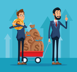 Poster - cartoon businessman hugging a money coin and businessman with trolley with money sacks