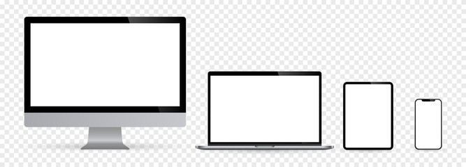Poster - Realistic set of computer monitors desktop laptop tablet and phone with white screen and checkerboard background v3. Isolated illustration vector illustrator Ai EPS	