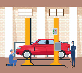 Wall Mural - car workshop scenery with lifted car and man painting red