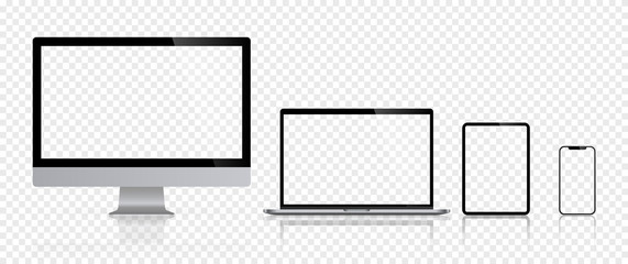 Sticker - Realistic set of computer monitors desktop laptop tablet and phone reflect with checkerboard screen and background v3. Isolated illustration vector illustrator Ai EPS