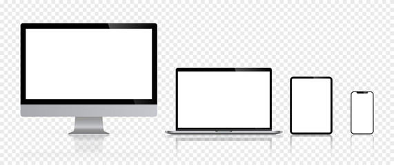 Poster - Realistic set of computer monitors desktop laptop tablet and phone reflect with white screen and checkerboard background v3. Isolated illustration vector illustrator Ai EPS