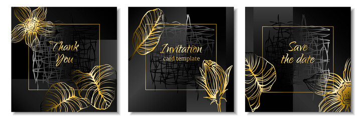 Wall Mural - Abstract black-gold card templates with plant elements. Template for your design. Cover. Invitation. Plant frame design. Vector illustration. 
