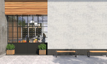 The Facade Of A Store Or Cafe With An Entrance Group And Blank Wall In Front View. Free Space For Signage, Advertising Banners And Posters. Exterior And Architecture Design. 3D Render.