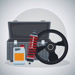 Sticker - empty tools box with steering wheel, shock absorber and oil bottle