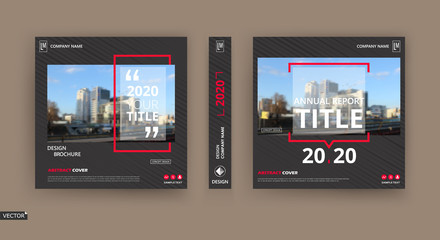 Wall Mural - Abstract patch brochure cover design. Black info data banner frame. Techno title sheet model set. Modern vector front page art. Urban city blurb texture. Red citation figure icon. Ad flyer text font