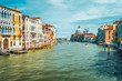 Venice, Italy. Spring season trip on Grand Canal and Basilica Santa Maria della Salute at sunny day