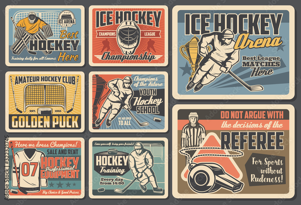 Ice hockey vector design of players, sport sticks, pucks and championship trophy cups, team uniform, skates, goalie helmets and masks, gloves, referee whistle and goal gates. Ice hockey retro posters - obrazy, fototapety, plakaty 