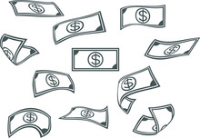 Raining Money Icon, Banknote Rain Background, Vector 