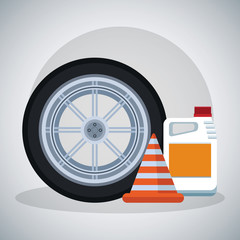 Wall Mural - car tire with oil bottle and traffic cone, colorful design