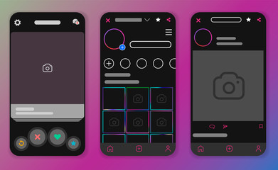 Poster - Social media profile template followers, highlights and post. Dark Mode Phone Screens. Vector mock up in a dark theme.