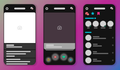 Poster - Dating app online mobile profile template. Online dating and social networking concept set. Dating app and virtual relationship. Dark Mode Phone Screens. Vector mock up in a dark theme.